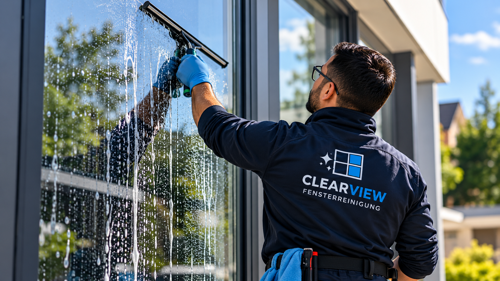 Fensterreiniger von ClearView reinigt mit dem Abzieher eine große Glasscheibe