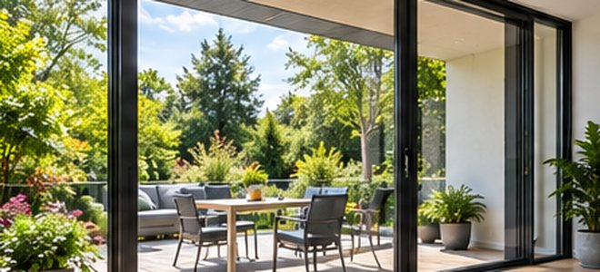 Gläserne Terrassentüren mit Blick auf einen gepflegten Garten