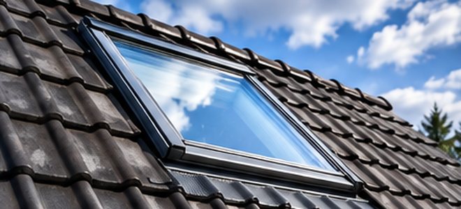 Dachfenster in einem dunklen Ziegeldach unter blauem Himmel