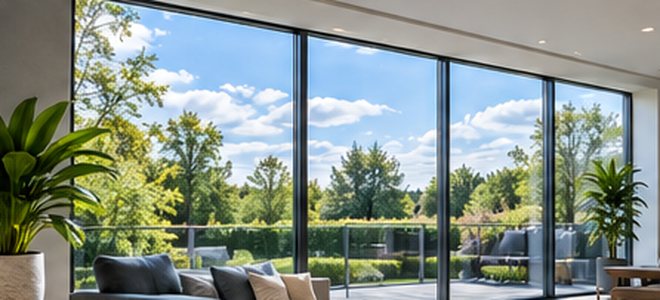 Große moderne Glasfenster mit Blick ins Grüne