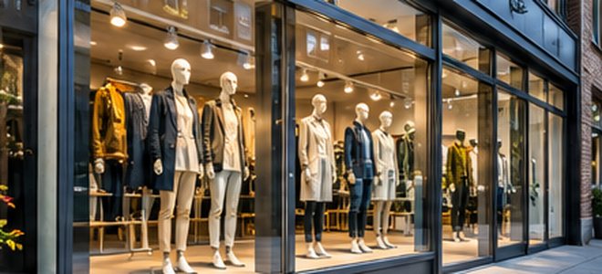 Beleuchtete Schaufenster-Glasfront eines Modegeschäfts