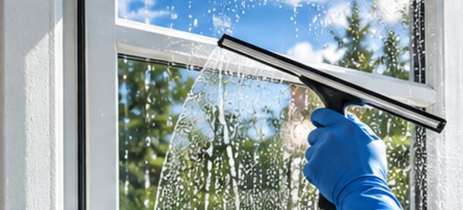 Fensterreiniger zieht mit dem Abzieher eine nasse Glasscheibe sauber