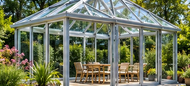 Wintergarten mit großen Glasflächen und Glasdach im Garten
